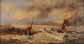 19th Century school, study of fishing vessels coming ashore in heavy seas, unsigned oil on canvas,