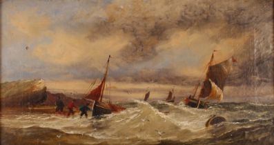 19th Century school, study of fishing vessels coming ashore in heavy seas, unsigned oil on canvas,