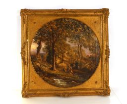 Attributed to H.J. Boddington, "Playing By A Stream", oil on canvas tondo, 49.5cm in a decorated