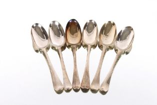 A set of six 18th Century silver "Fiddle" pattern table spoons, 12oz