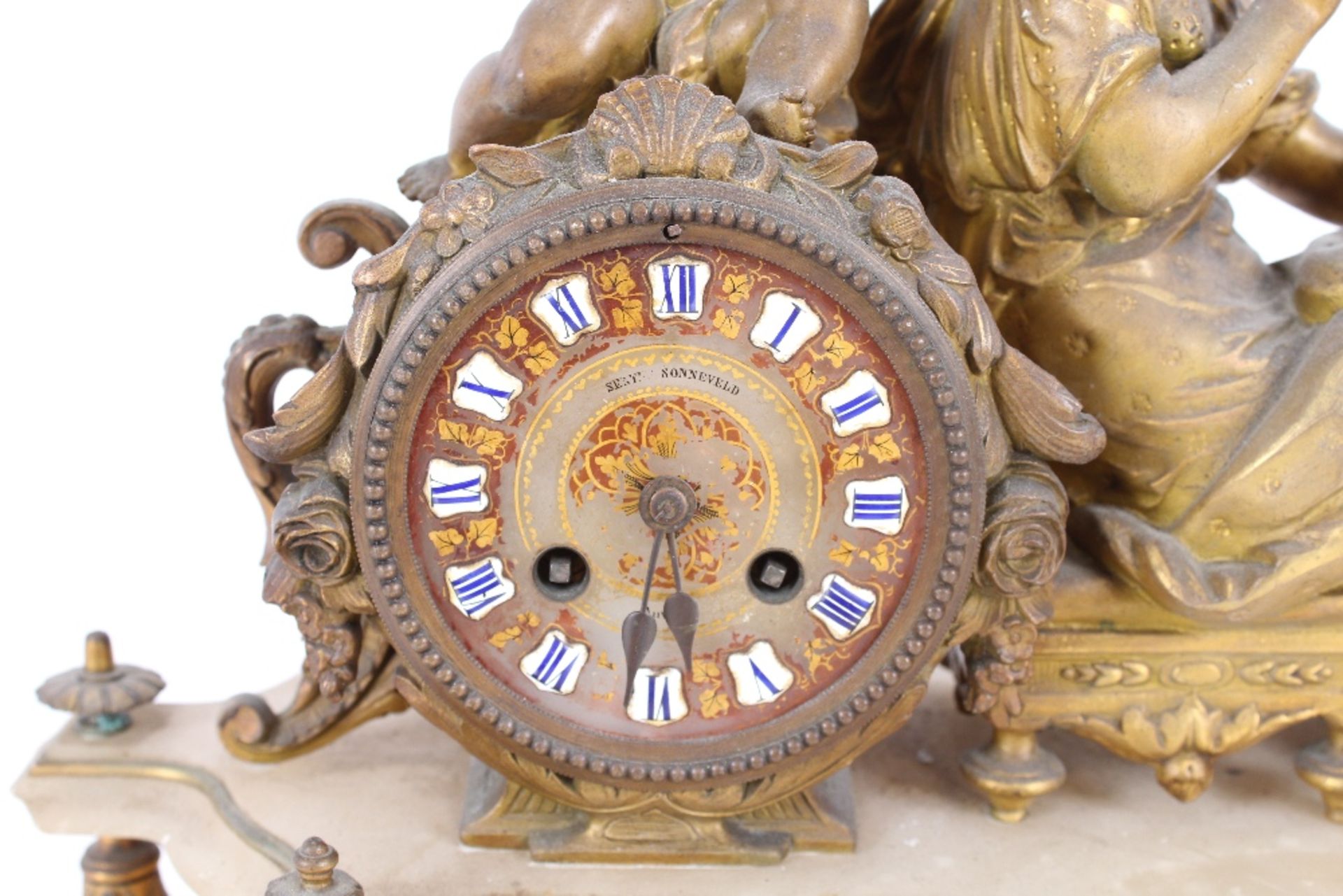 A 19th Century marble and gilt metal mantel clock, the drum shaped dial and movement surmounted by a - Image 4 of 14