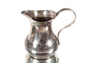 A small Eastern white metal baluster cream jug, having Niello ware style decoration depicting scenic