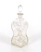 A 19th Century hour glass shaped decanter, having bird and floral etched decoration, 24cm high