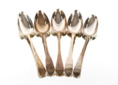 Five various George III silver table spoons, "Old English" and "Fiddle" pattern with crest and