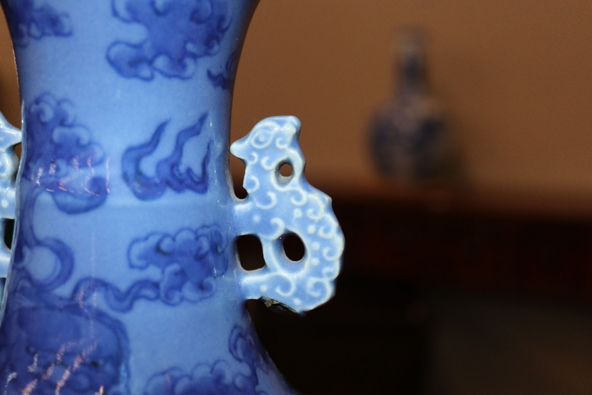 A 19th Century Chinese blue glazed baluster vase, decorated Dogs of Fo, flaming pearls and - Image 8 of 20