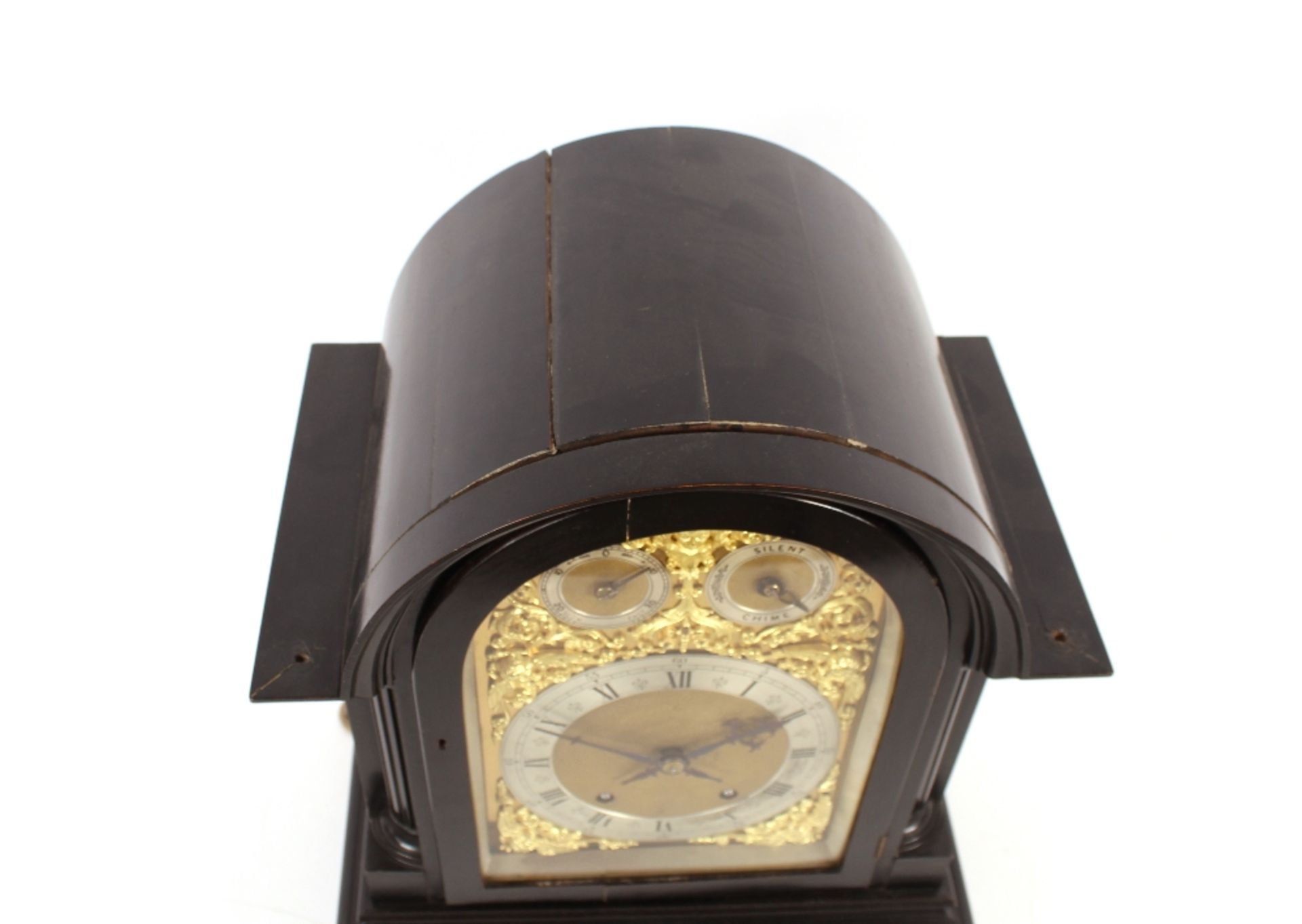 A large 19th Century ebonised mantel clock, the arched case supporting an ornate foliate brass - Image 4 of 12