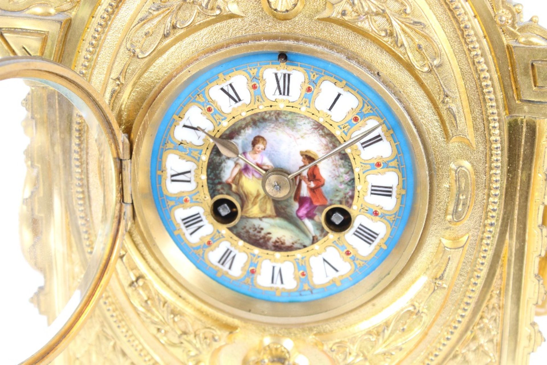 A 19th Century French Ormolu mantel clock, having foliate and rams head decoration, the circular - Image 3 of 8