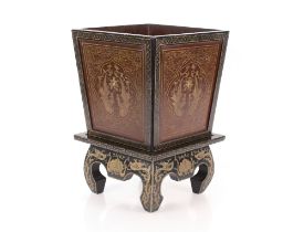 An Oriental black lacquer and gilt decorated jardinière on stand, 55cm high overall