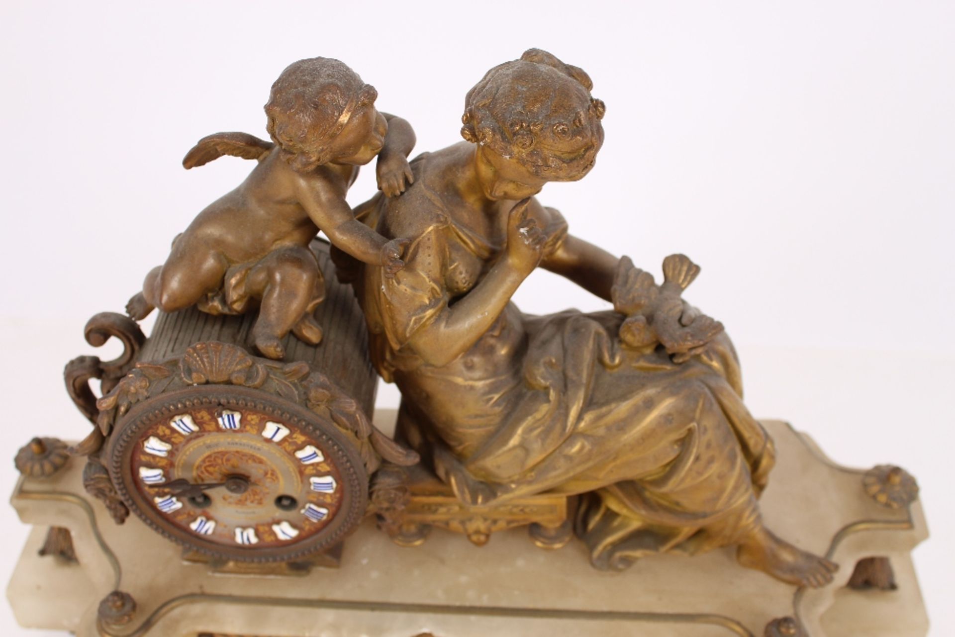 A 19th Century marble and gilt metal mantel clock, the drum shaped dial and movement surmounted by a - Image 9 of 14