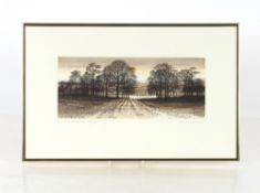 Kathleen Caddick, "Evening By The River", hand coloured etching No. 232/250, 13cm x 30.5cm