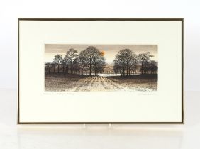 Kathleen Caddick, "Evening By The River", hand coloured etching No. 232/250, 13cm x 30.5cm