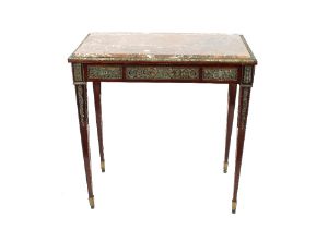 A 19th Century French mahogany and marble topped oblong occasional table, having gilded brass mounts