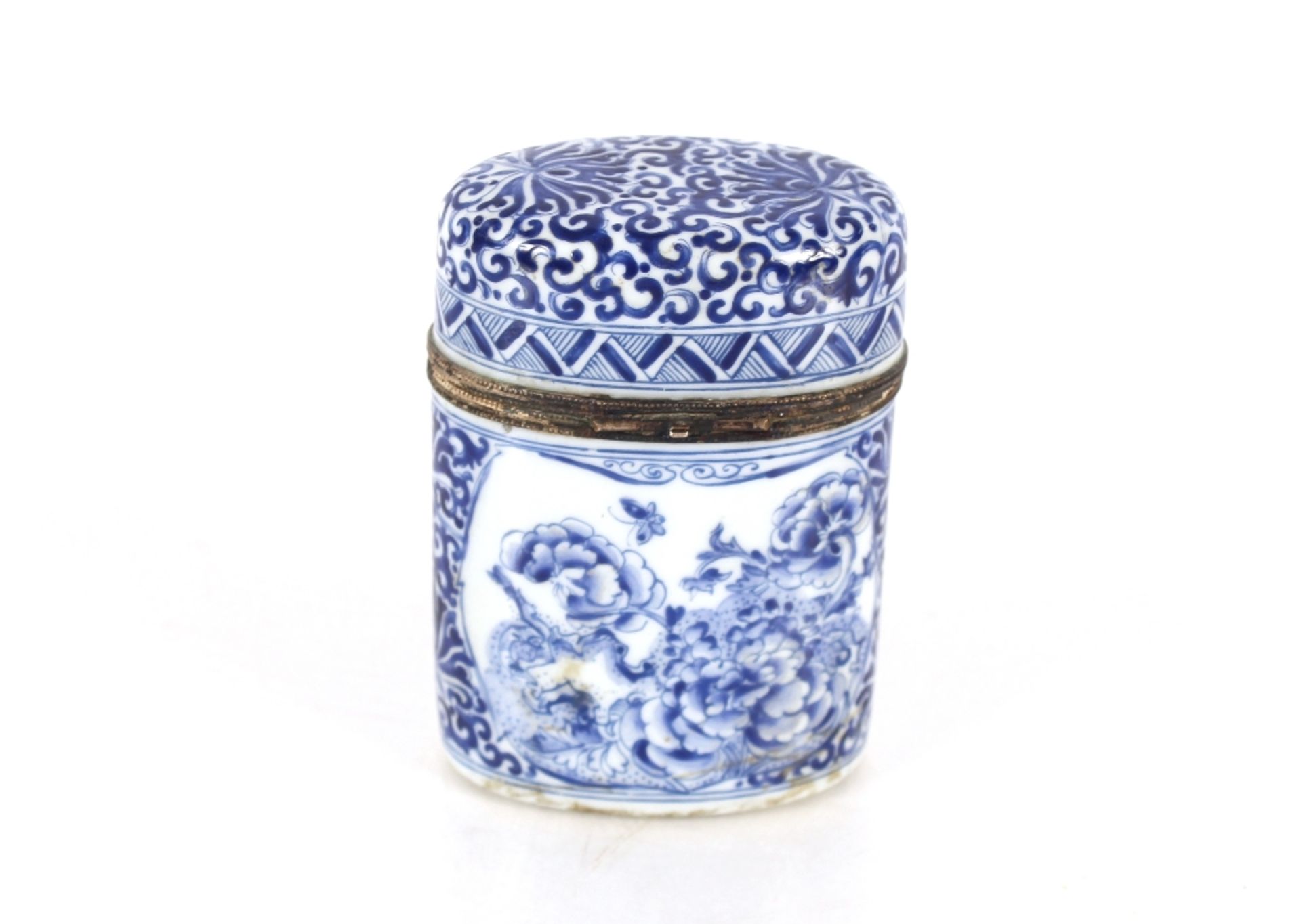 A Limoges porcelain blue and white needle case with hinged lid, profusely decorated flowers, 9.3cm - Image 2 of 3