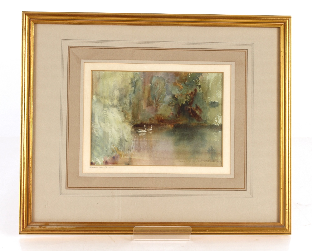 Ian Armour-Chelu, "Swans On The River", watercolour pencil signed, dated 1983, 16.5cm x 23cm