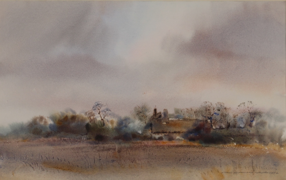 Ian Armour-Chelu, "Suffolk Farm in Winter", pencil signed watercolour dated 1972, 22.5cm x 35.5cm