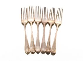 Six George III silver "Old English" pattern dessert forks bearing family crests, including three