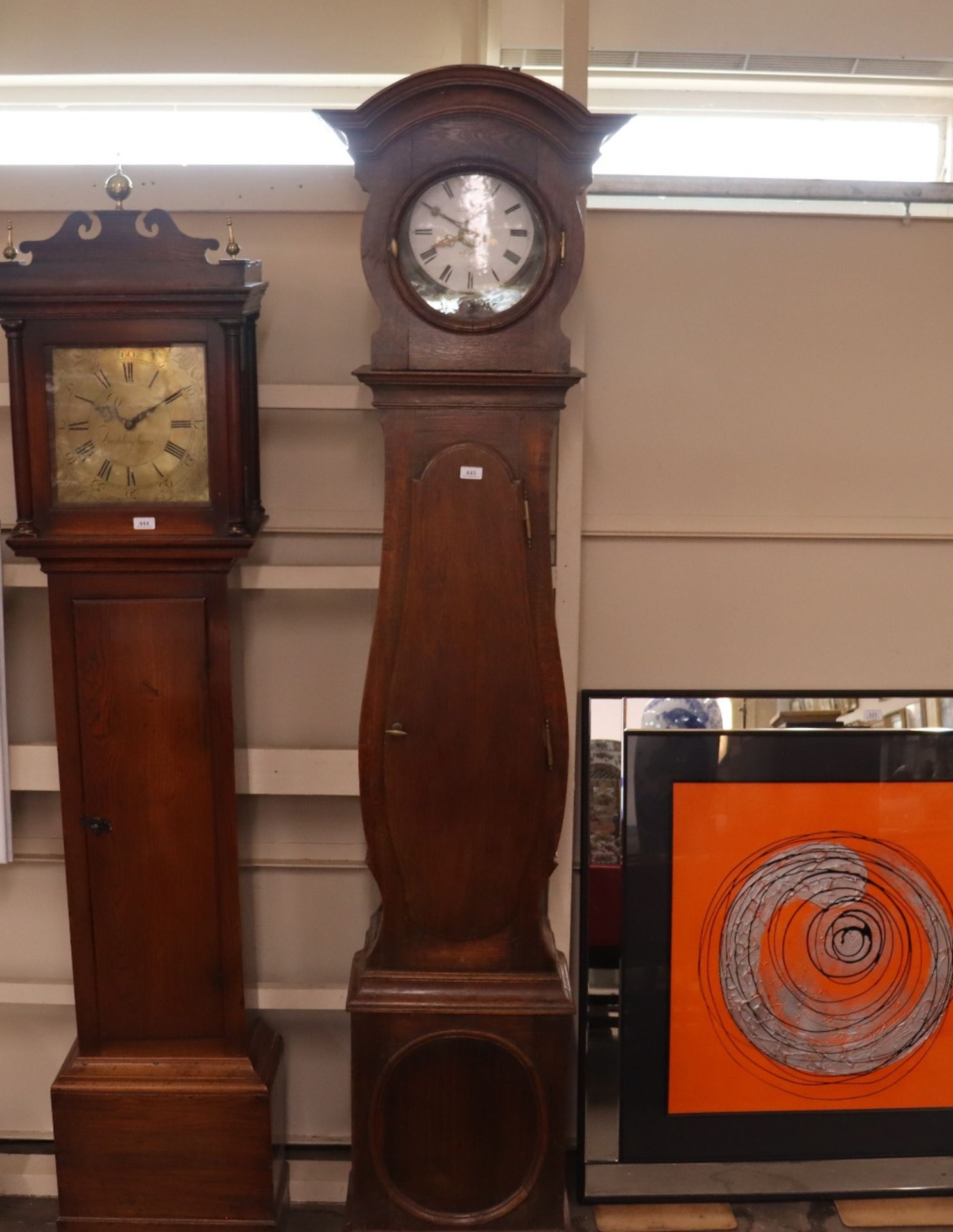 A tall French oak long case clock, having circular enamel Roman numeral dial, the case of waisted - Image 2 of 3