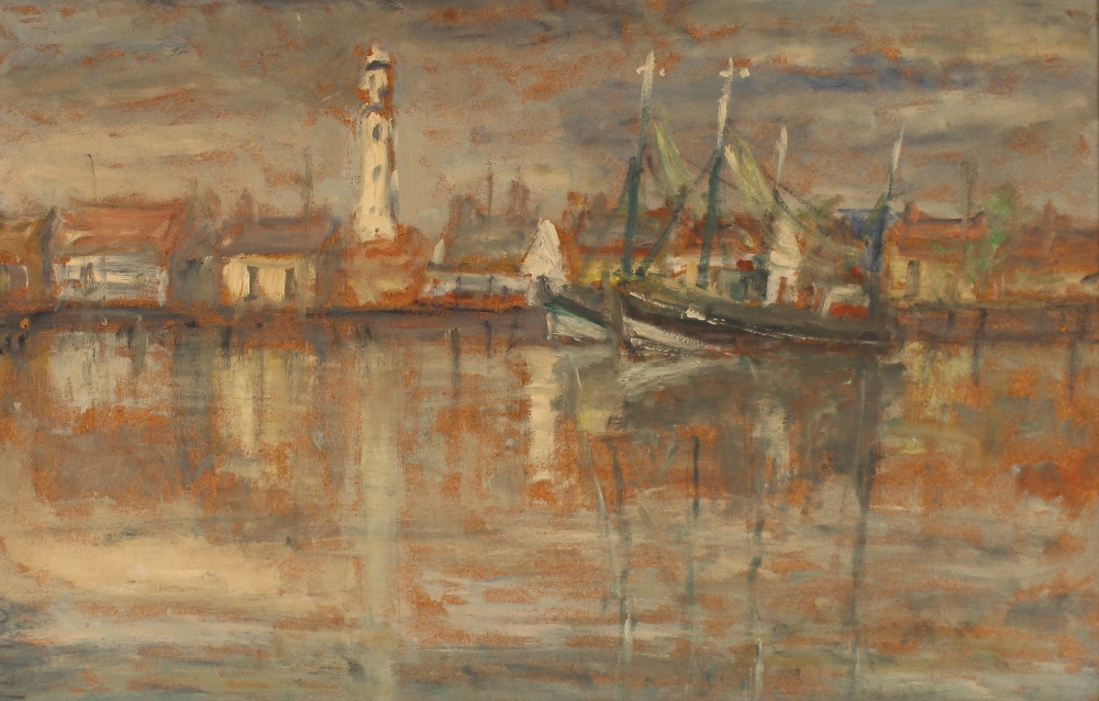 Van-Hughen, large Flemish oil on board of a harbour scene, signed, 58cm x 90cm, contained in a