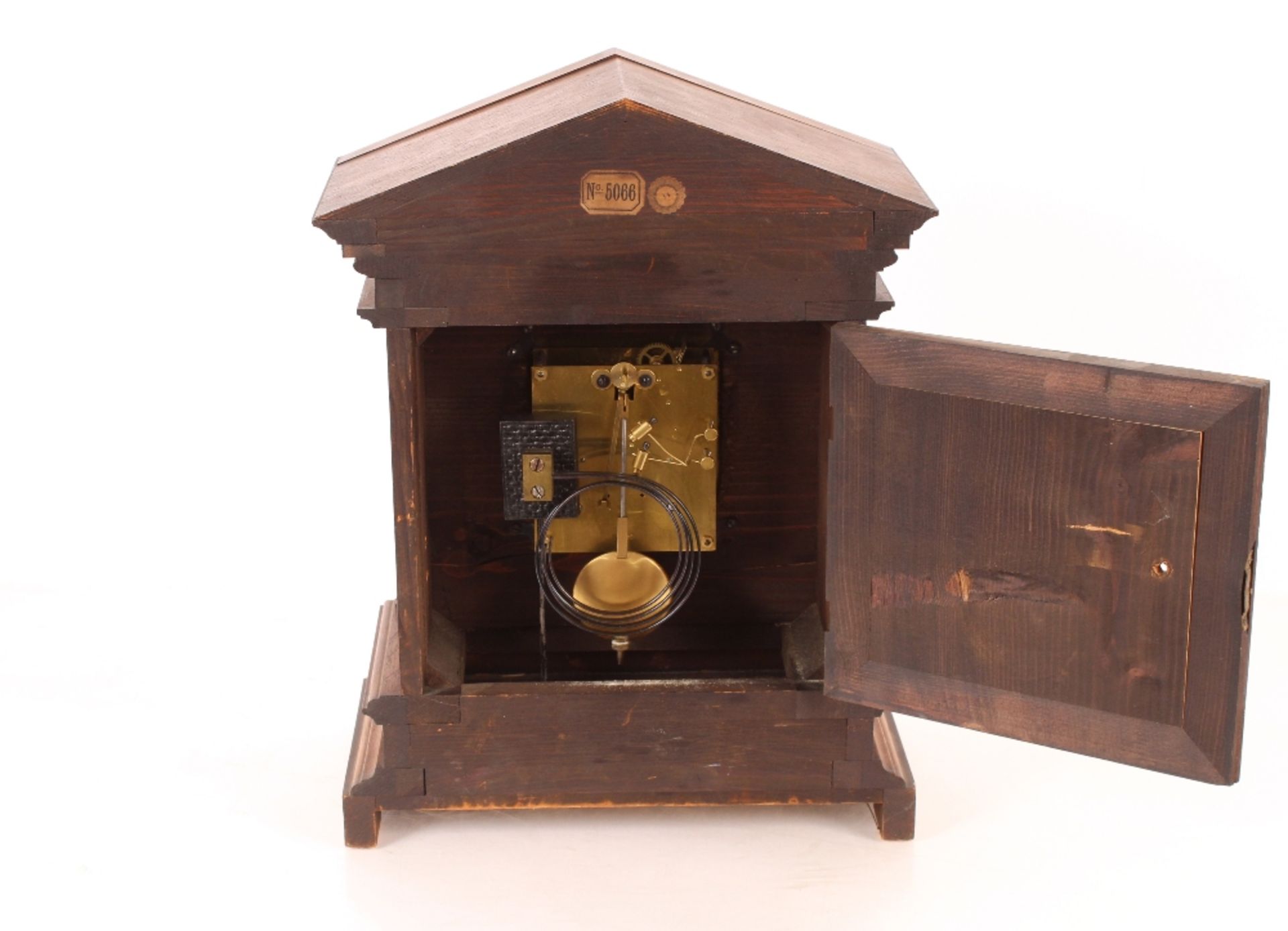 A late Victorian oak cased mantel clock, the case of architectural design enclosing a brass and - Image 3 of 4