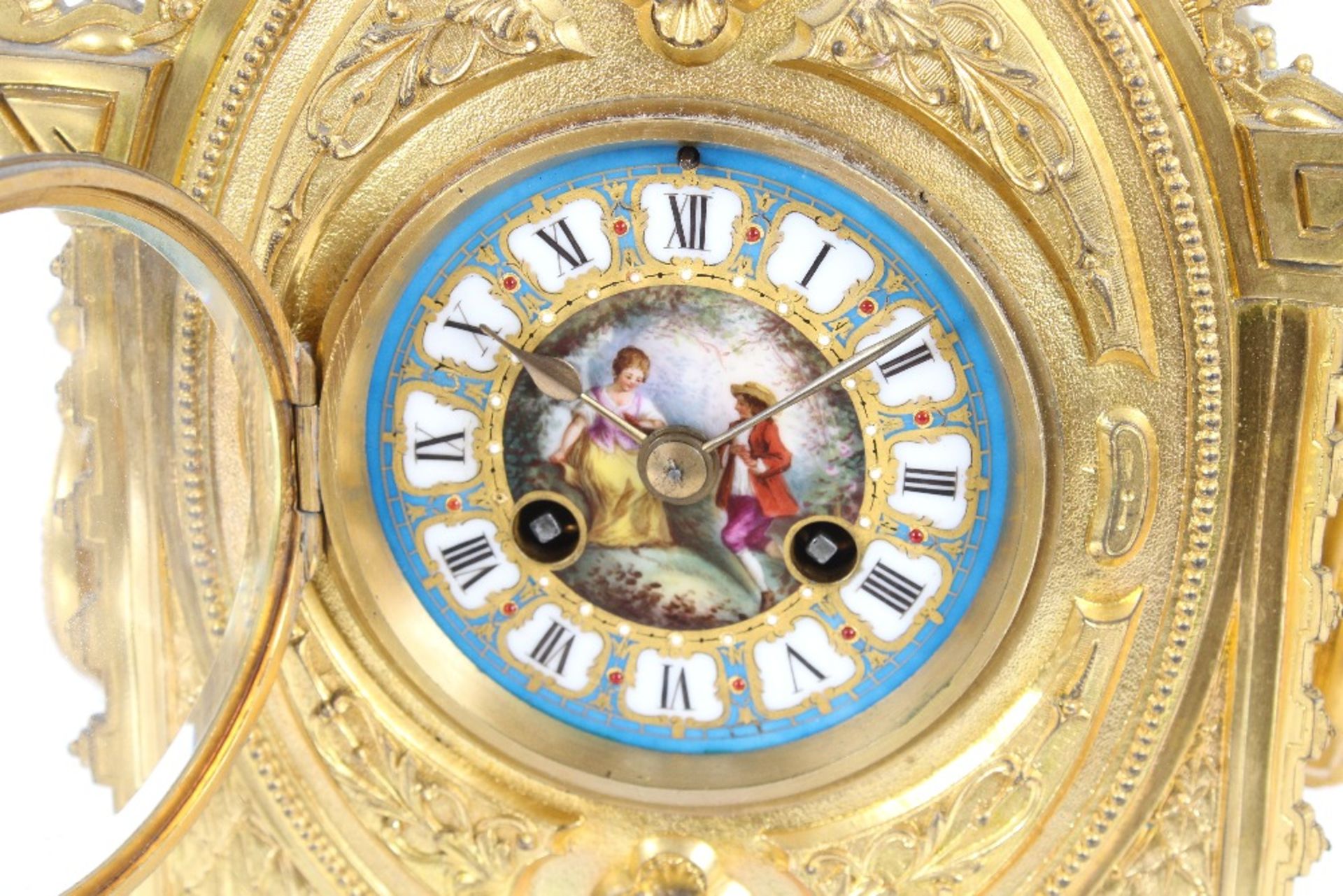 A 19th Century French Ormolu mantel clock, having foliate and rams head decoration, the circular - Image 4 of 8