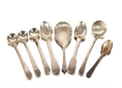 Various Georgian and later silver condiment spoons, a shell shaped caddy spoon etc.