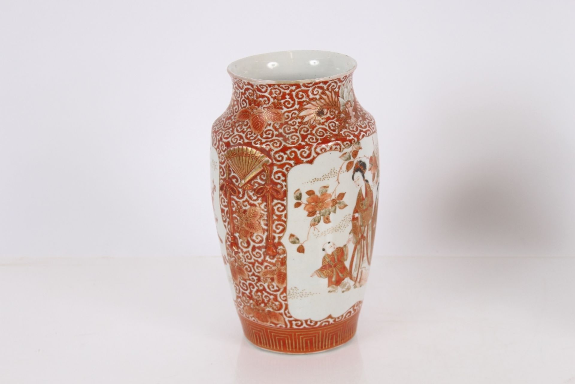 A pair of Japanese Kutani type baluster vases, decorated with figures in a garden setting, 28cm - Image 2 of 31