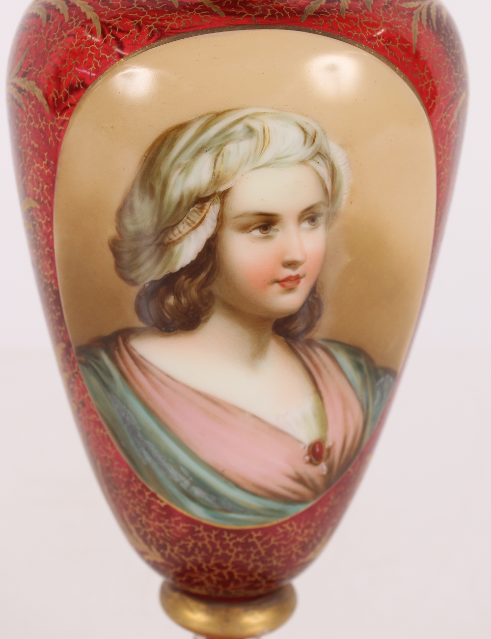 A 19th Century ruby overlaid glass baluster vase, decorated with a portrait panel of a young maiden, - Image 2 of 3