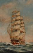 A.J. Jansen, study of a fully rigged sailing ship, signed oil on canvas, 53cm x 24cm