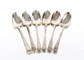 A set of six silver teaspoons, having bright cut decoration, and initials E.M., London 1802