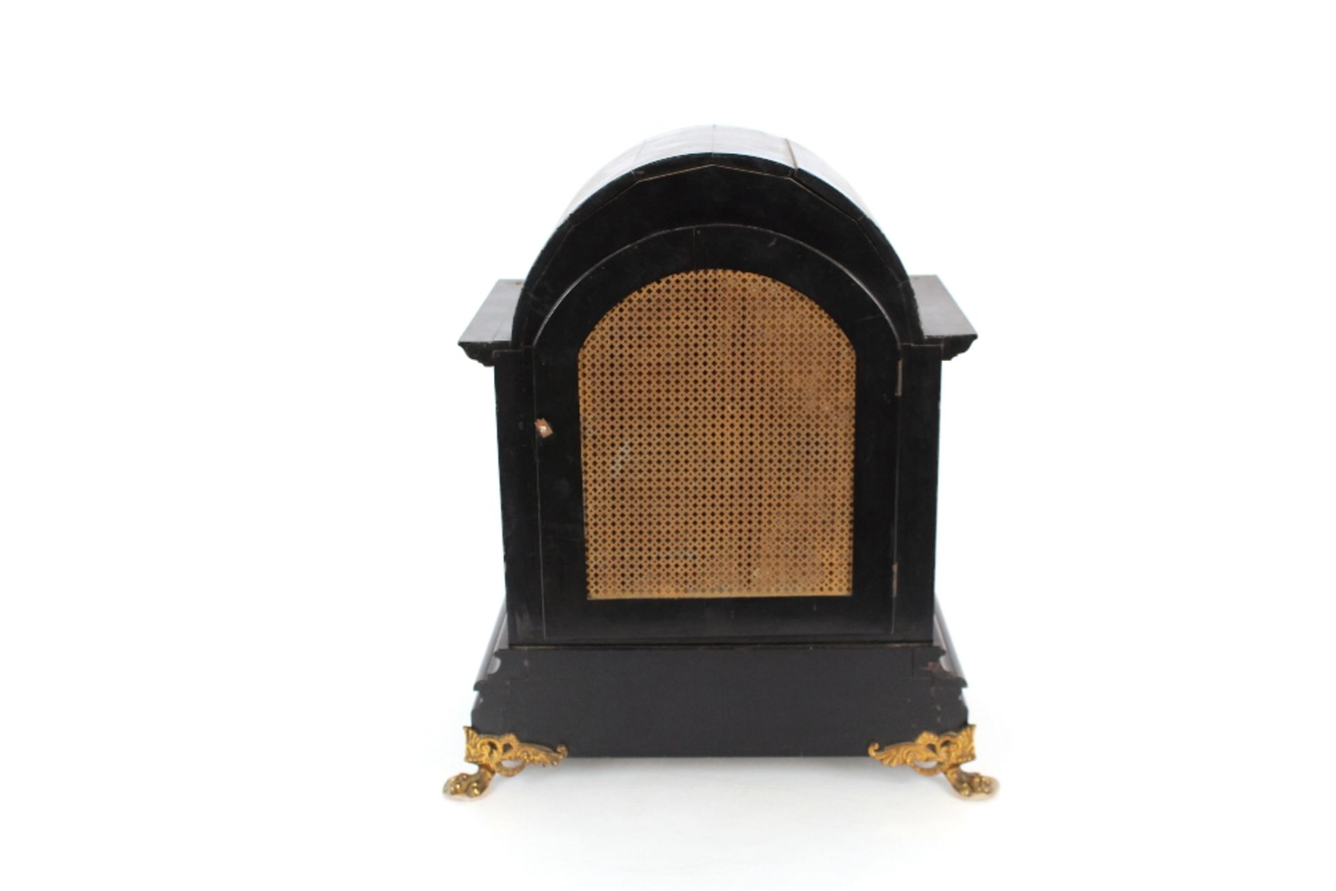 A large 19th Century ebonised mantel clock, the arched case supporting an ornate foliate brass - Image 7 of 12