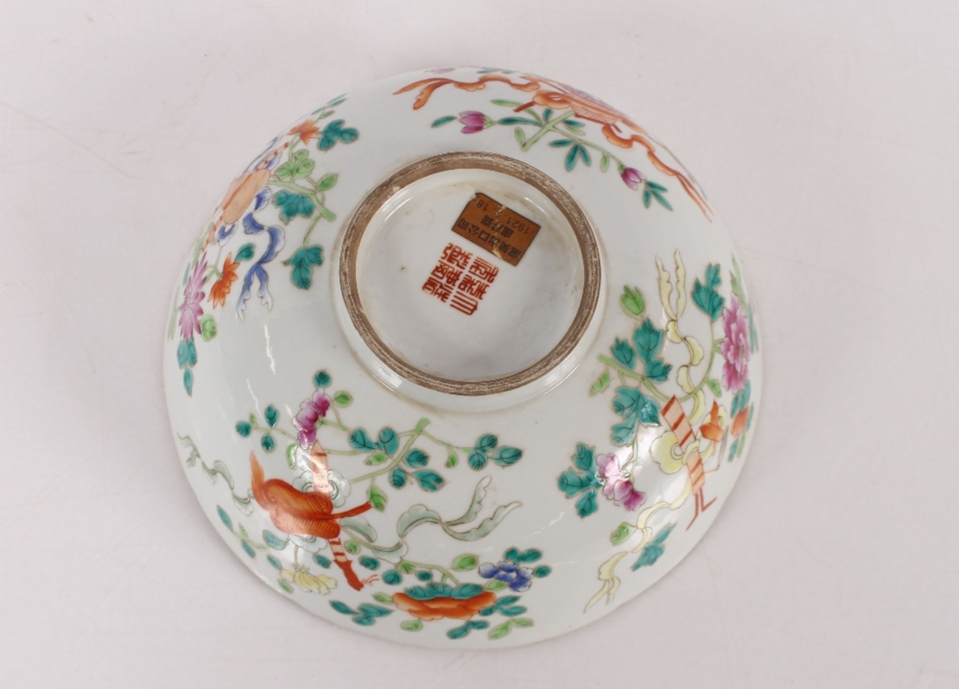 A Chinese Famille Rose bowl, six character mark to base with old paper label dated 1921 - Image 3 of 4