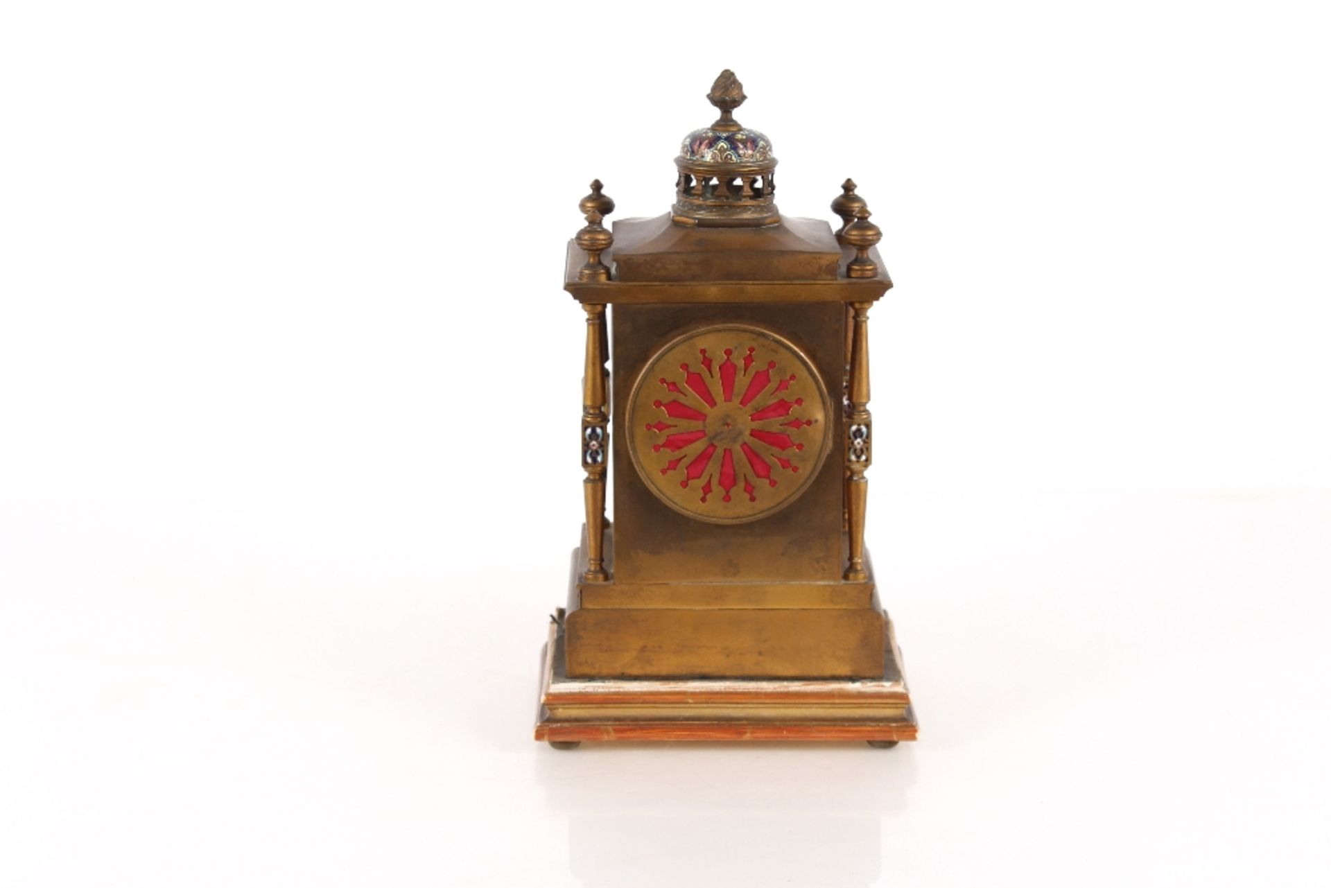 A 19th Century French gilded and champlevé enamel decorated mantel clock, the circular dial - Image 3 of 4