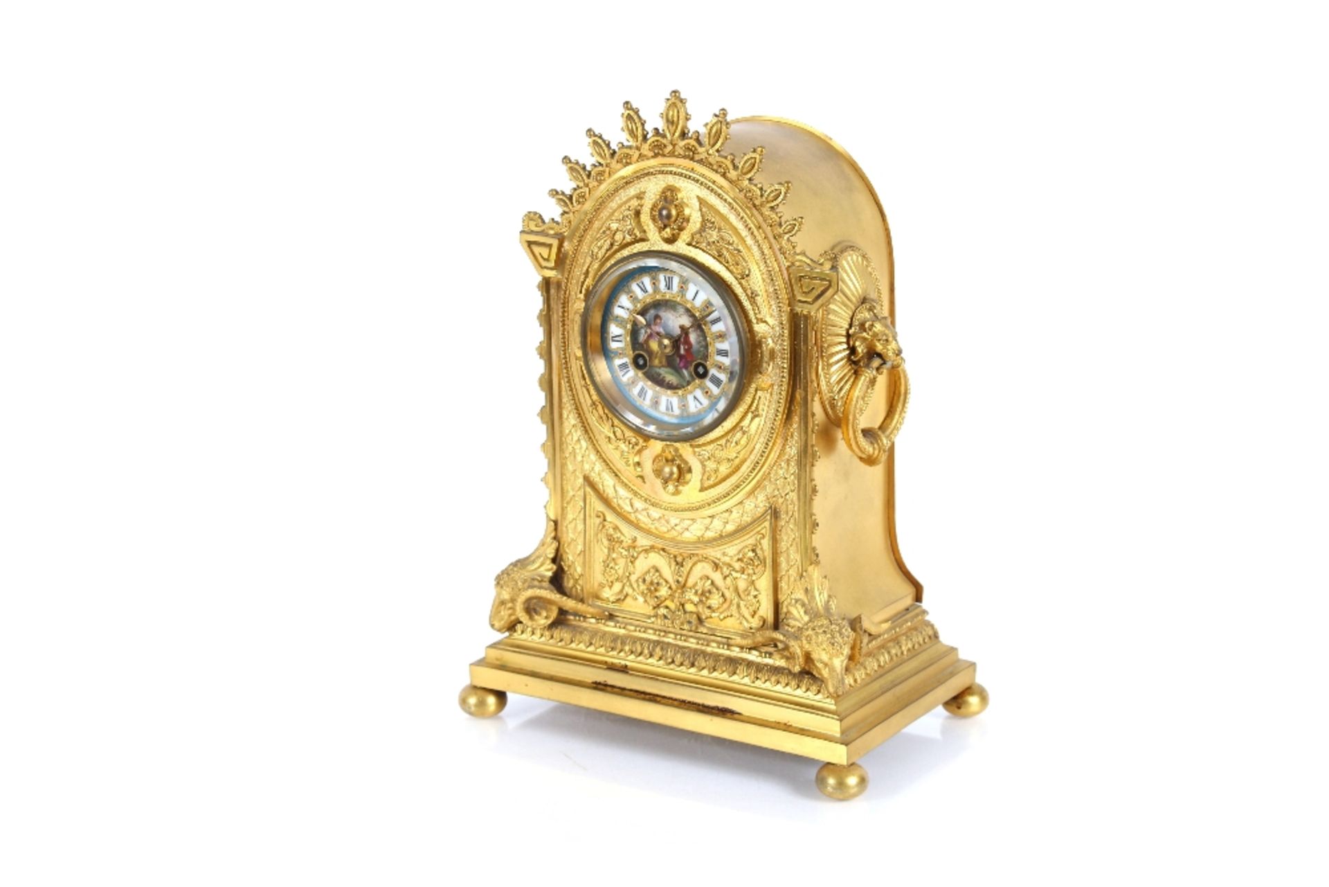 A 19th Century French Ormolu mantel clock, having foliate and rams head decoration, the circular - Image 2 of 8