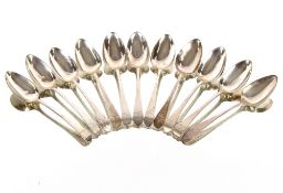 Nine George III silver "Old English" pattern dessert spoons, bearing family crests, London 1802; and