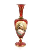 A 19th Century ruby overlaid glass baluster vase, decorated with a portrait panel of a young maiden,