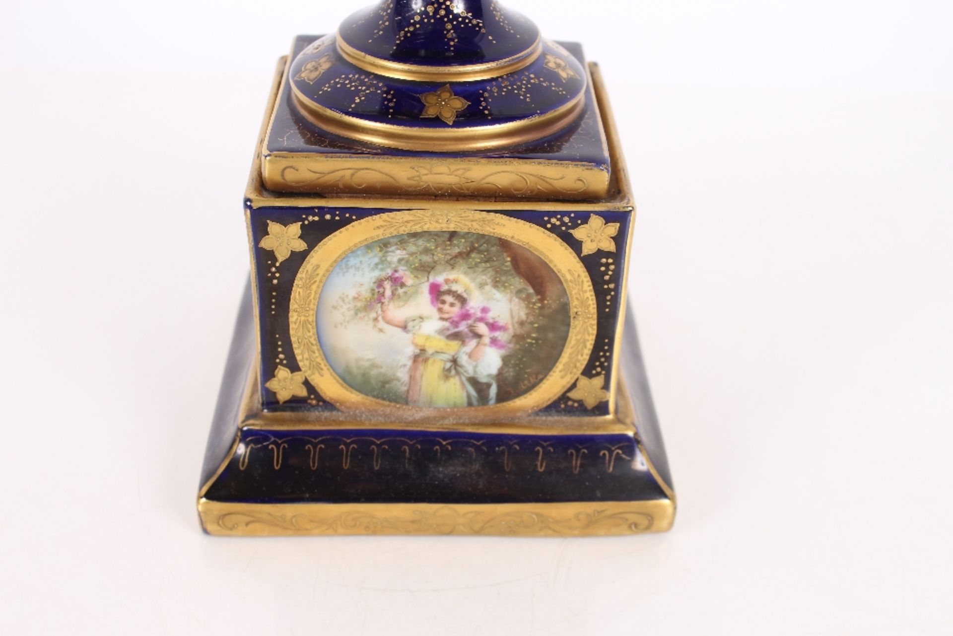 A late 19th Century Vienna porcelain vase on plinth, decorated with an oval panel of maidens and - Image 2 of 8