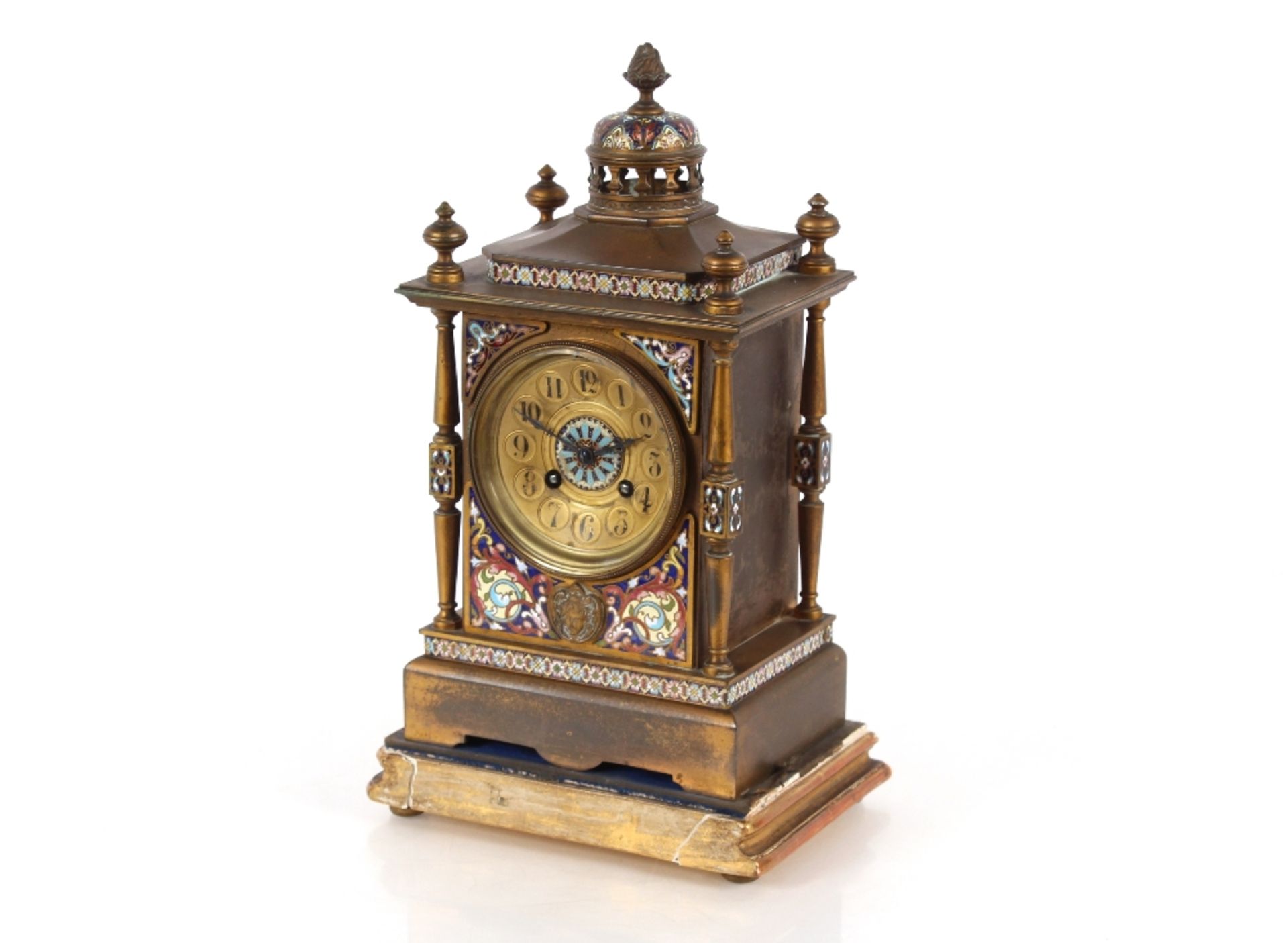 A 19th Century French gilded and champlevé enamel decorated mantel clock, the circular dial - Image 2 of 4