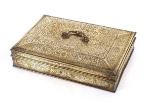 A large Indian brass hinged box, with foliate engraved decoration; and six Indian brass bowls