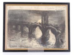 E.L. Van Sommeren, "Pont Des Chats" image of Battersea Bridge, charcoal drawing, 27cm x 38cm