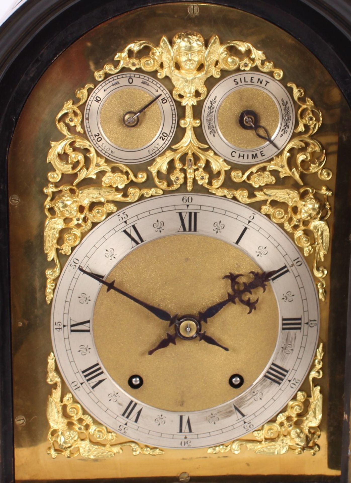 A large 19th Century ebonised mantel clock, the arched case supporting an ornate foliate brass - Image 3 of 12