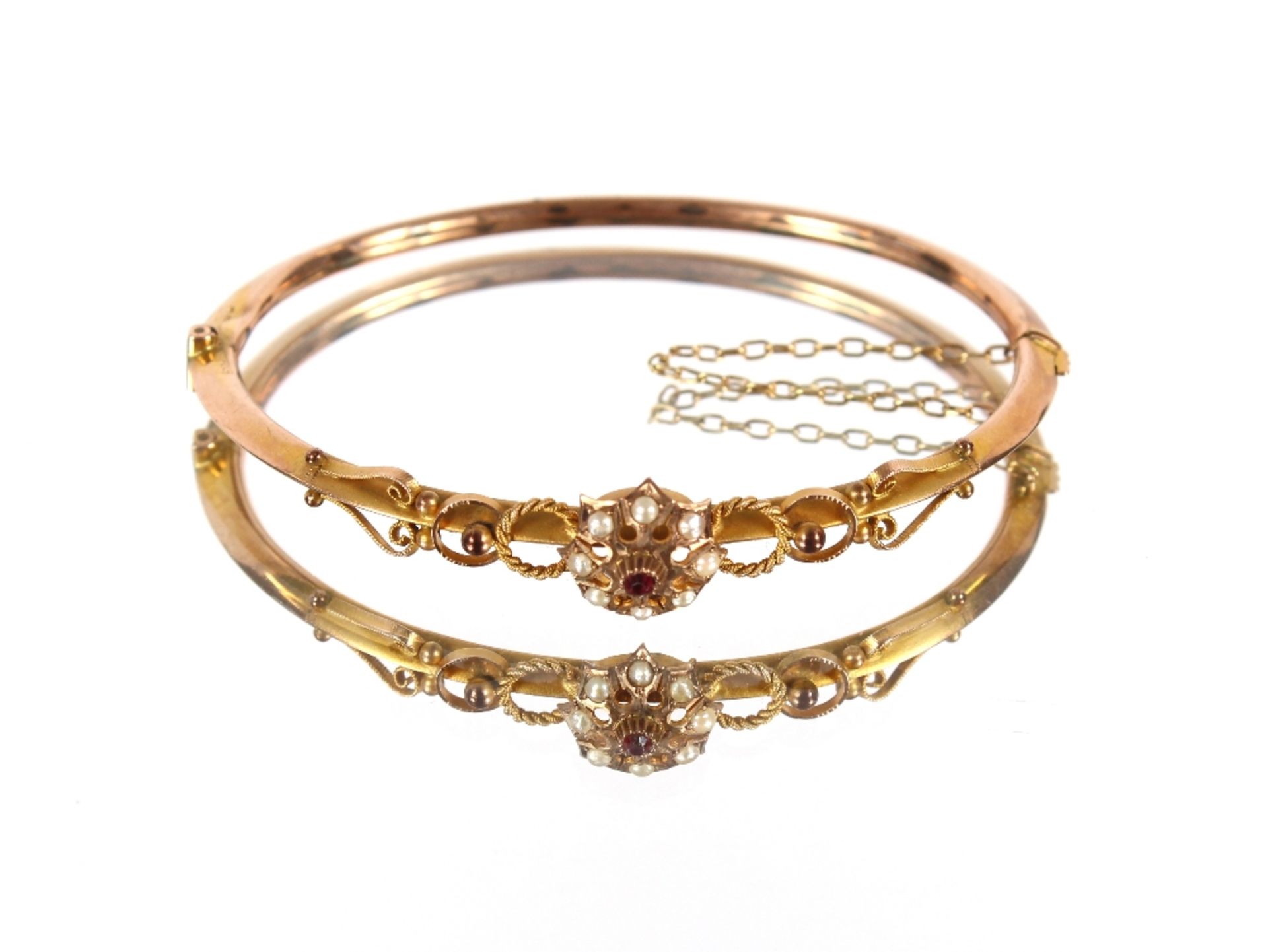 A yellow metal hinged bangle, with filigree work decoration and seed pearl cluster; a Victorian 15ct - Image 4 of 4