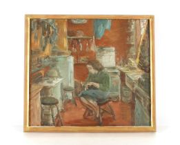 Modern British school, study of lady seated in a kitchen, unsigned oil on board, 37.5cm x 42cm