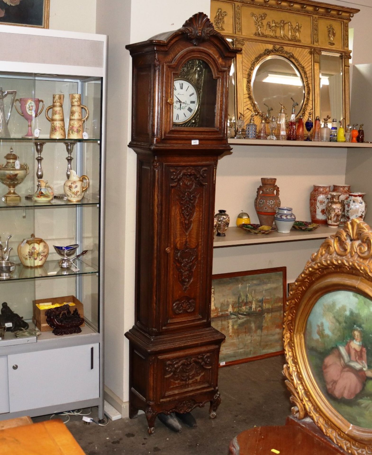 A carved oak long case clock, with associated French battery powered movement, 212cm high - Image 2 of 4