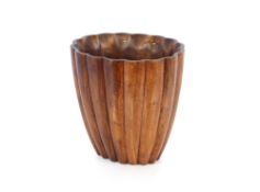 A Chinese wood ribbed vase, possibly a brush pot, 27.5cm high x 26.5cm wide overall (old repair)