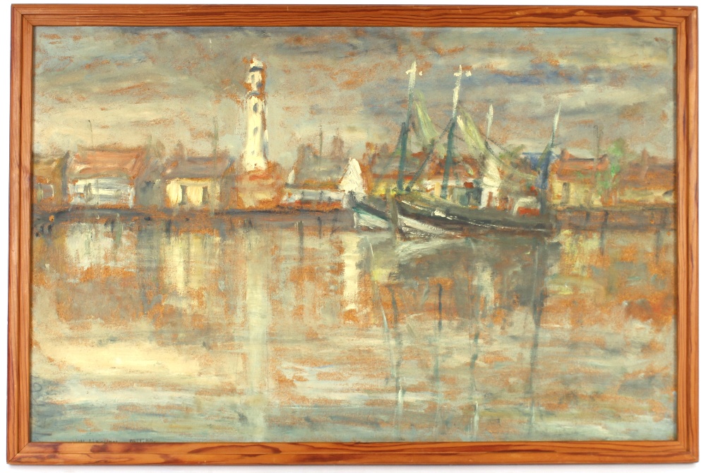 Van-Hughen, large Flemish oil on board of a harbour scene, signed, 58cm x 90cm, contained in a - Bild 2 aus 2