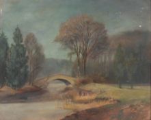 J. Pilters German 1887-1957, rural study of a bridge across a river, signed oil on board, 44cm x