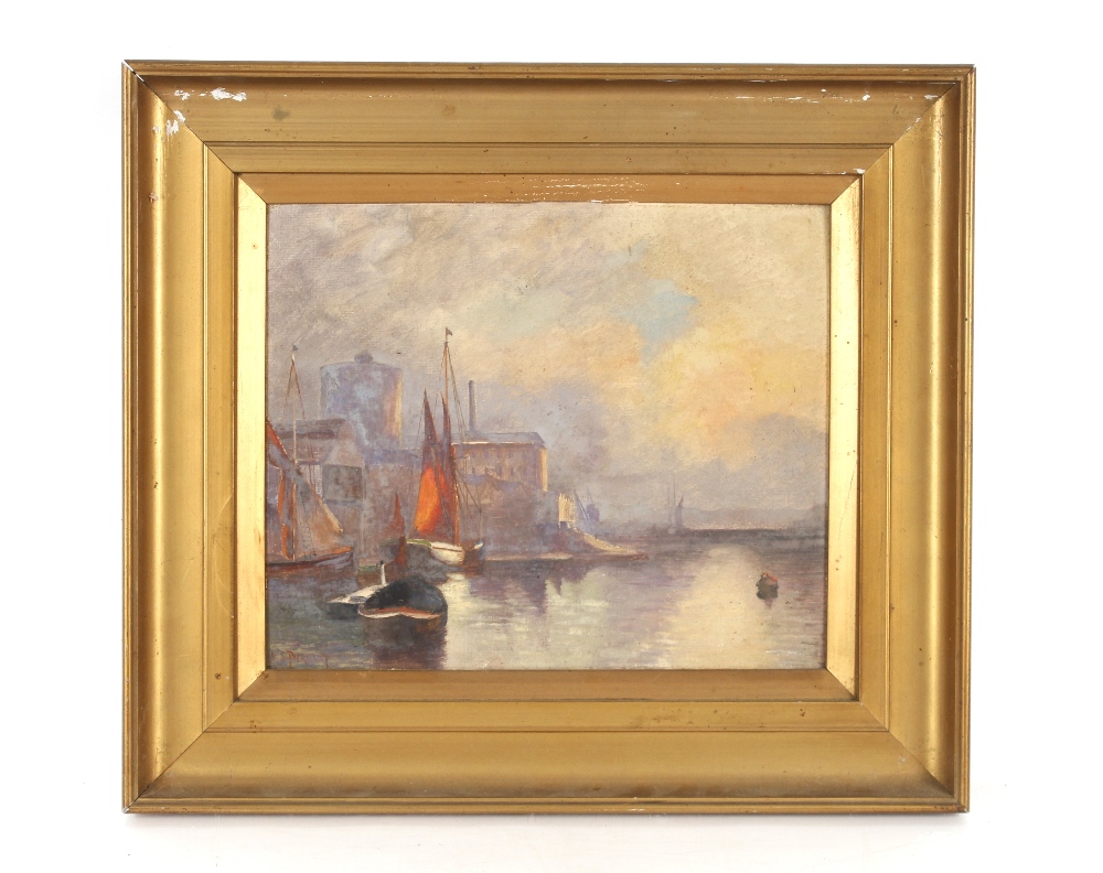 W.S. Pierpoint, Lowestoft Harbour scene, signed oil on board, 24.5cm x 29.5cm