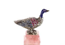 A late 19th Century Austro-Hungarian silver and enamel model of a goose, the wings encrusted with