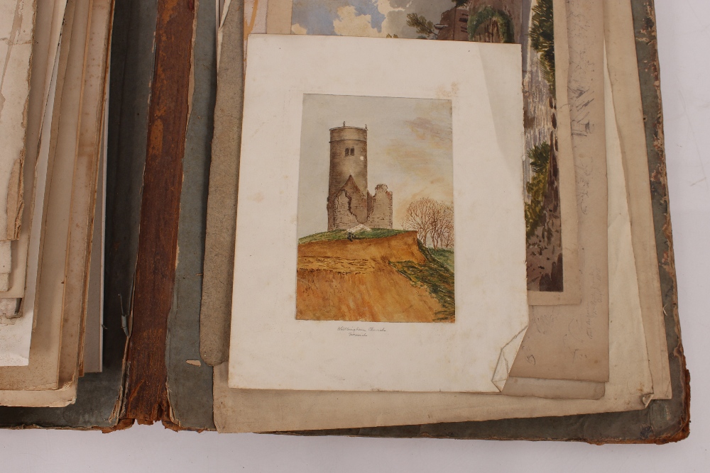 An interesting 19th Century folio containing small Norwich school oil on panel of a windmill; oil on - Image 46 of 80