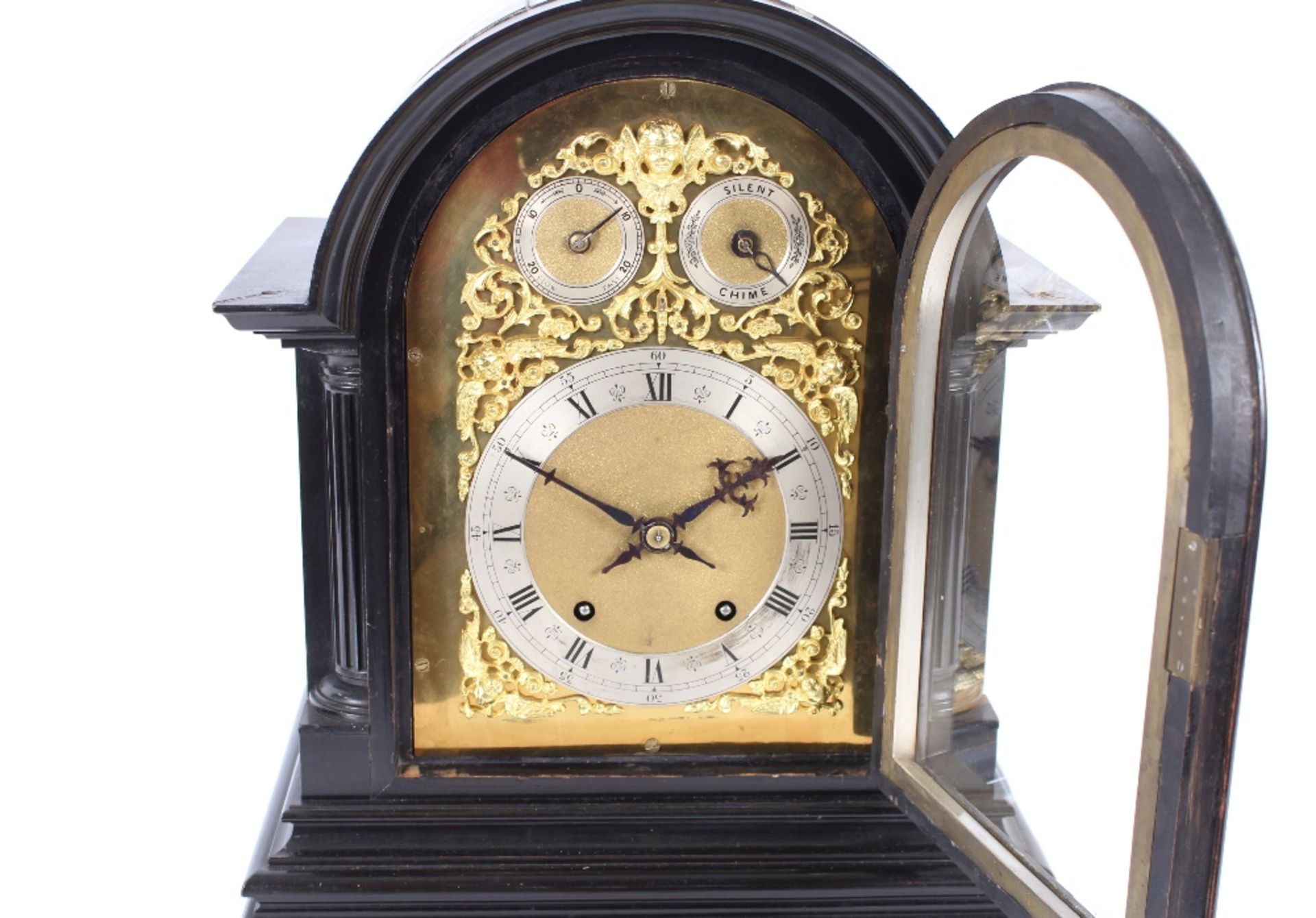 A large 19th Century ebonised mantel clock, the arched case supporting an ornate foliate brass - Image 2 of 12
